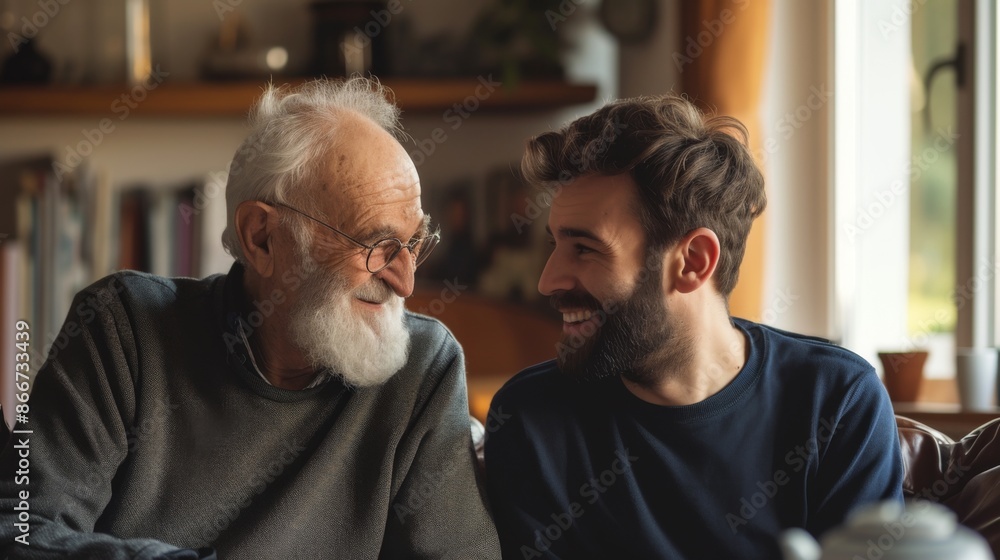 An elderly man and his adult son share a moment together perhaps engaging in conversation or an activity An elderly man and his adult son share a moment together perhaps engaging in conversation or an activity