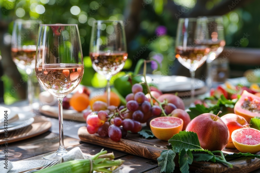 A table set with glasses of rose wine, fresh fruit and vegetables on platters, in an outdoor setting A table set with glasses of rose wine, fresh fruit and vegetables on platters, in an outdoor settin A table set with glasses of rose wine, fresh fruit and vegetables on platters, in an outdoor setting A table set with glasses of rose wine, fresh fruit and vegetables on platters, in an outdoor settin