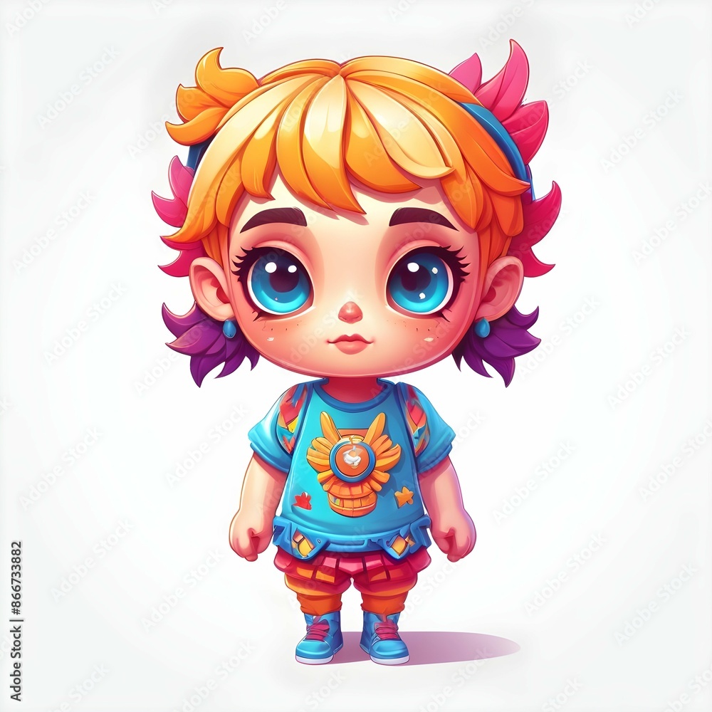 Cute Cartoon Girl with Colorful Outfit and Big Blue Eyes Cute Cartoon Girl with Colorful Outfit and Big Blue Eyes