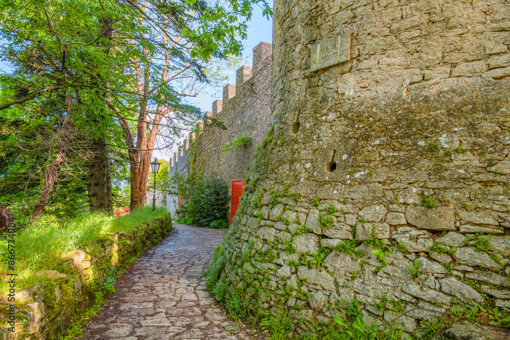 San Marino city view. Fortress on the rock. San Marino landmark. Italy. San Marino city view. Fortress on the rock. San Marino landmark. Italy.