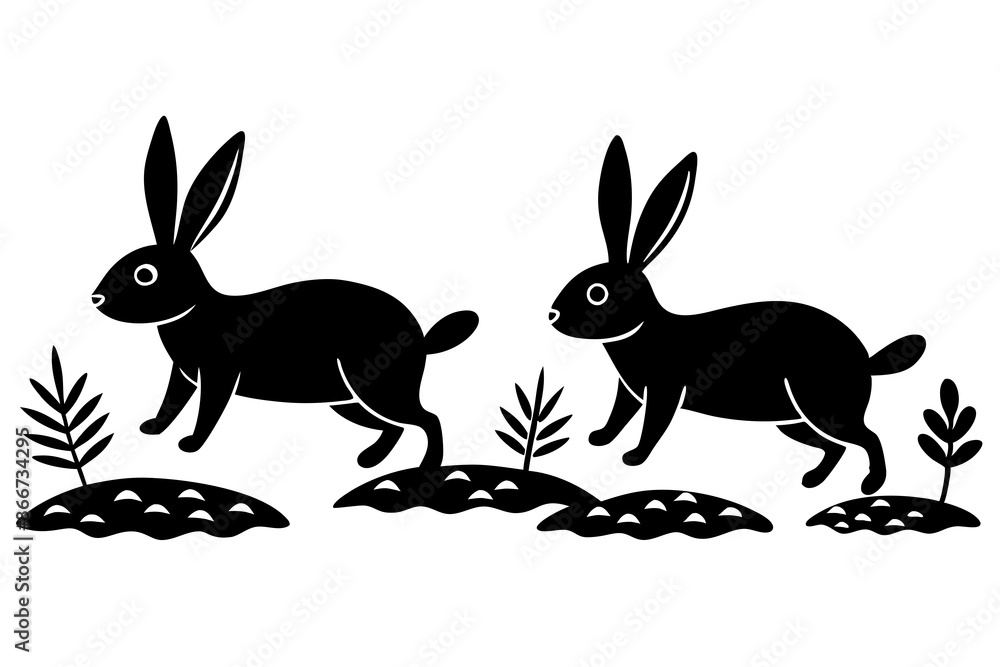 Obraz premium Rabbits hopping through a field vector silhouette