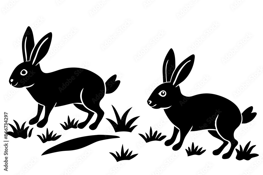 Rabbits hopping through a field vector silhouette Rabbits hopping through a field vector silhouette
