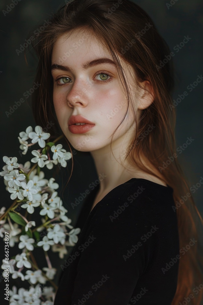 A woman with long hair holding a bouquet of white flowers, suitable for use in wedding or romantic scenes A woman with long hair holding a bouquet of white flowers, suitable for use in wedding or romantic scenes