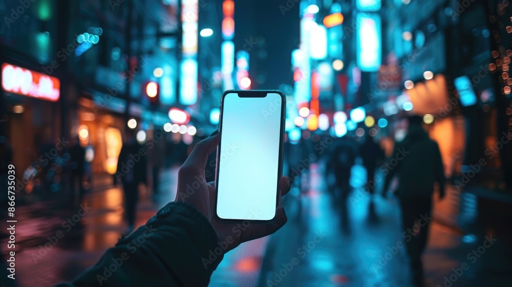A person holding a smartphone in a bustling city at night, possibly taking a photo or video A person holding a smartphone in a bustling city at night, possibly taking a photo or video