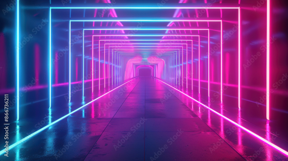Futuristic neon-lit tunnel corridor with vibrant blue and pink hues, perfect for representing modern technology and digital innovation.
