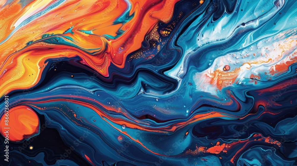 Obraz premium Dynamic abstract: Modern art piece with vibrant liquid swirls, showcasing a bold and unique painting technique