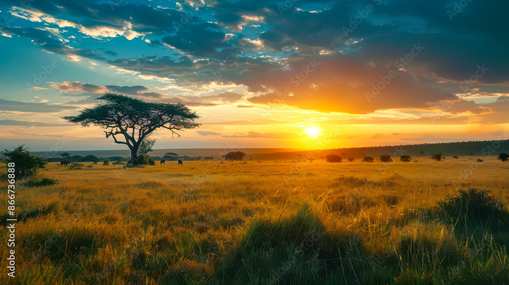 A lonely tree in the middle of an empty safari and sunset A lonely tree in the middle of an empty safari and sunset