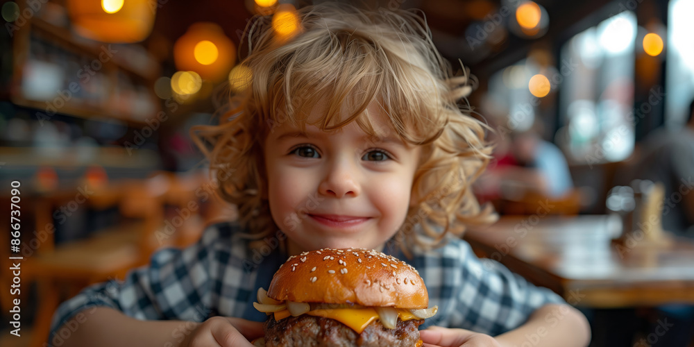 A little boy eating a cheeseburger in a restaurant