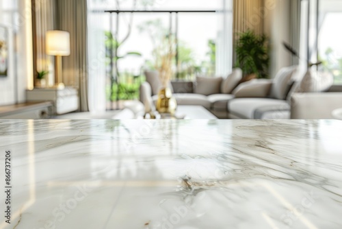 For a showcase montage, a white marble top table is placed over a light living room background.