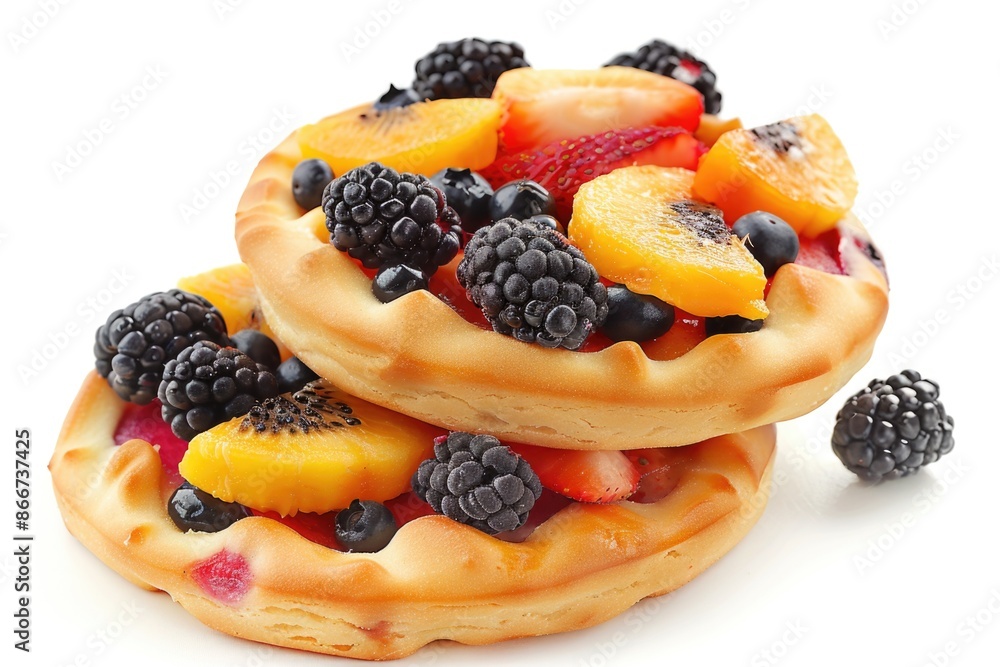 A tower of waffles topped with various fruits, great for breakfast or brunch A tower of waffles topped with various fruits, great for breakfast or brunch