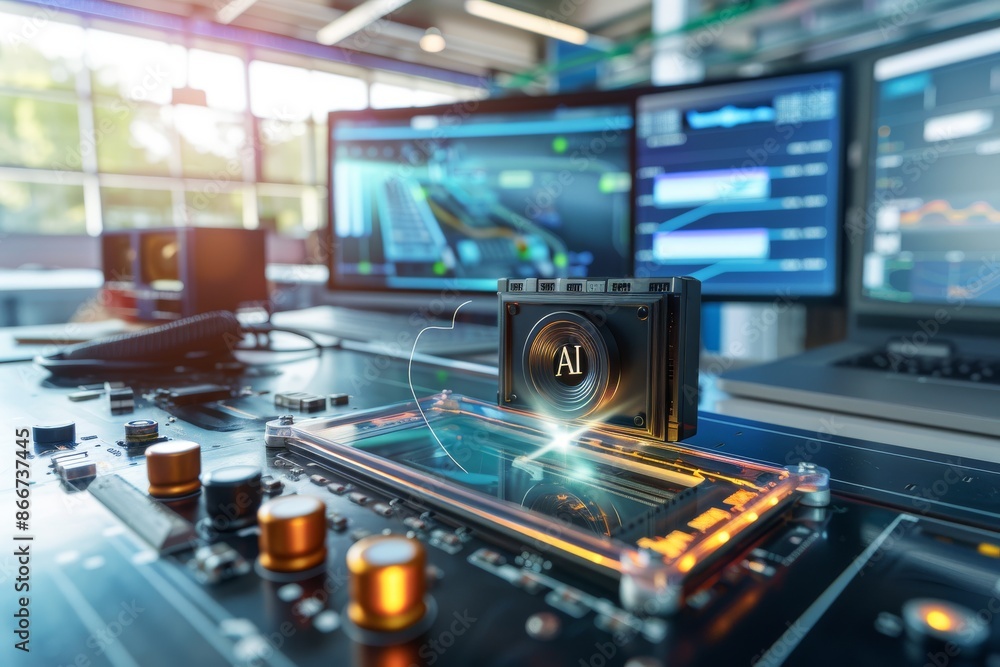 AI data analysis on multiple screens in a high tech control room environment AI data analysis on multiple screens in a high tech control room environment