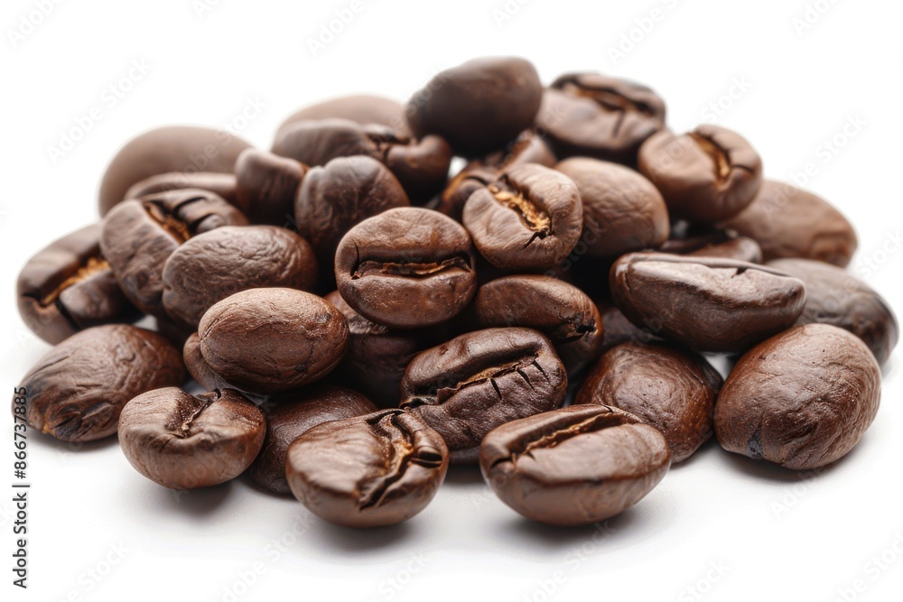 Naklejka premium A stack of coffee beans on a clean white surface