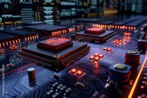 AI processor on a circuit board with glowing elements and advanced electronic components © Leo