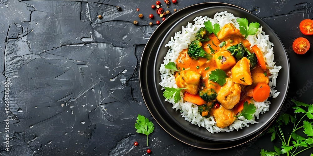 A Flavorful Assortment of Indian Chicken Curries with Vegetables and Rice. Concept Indian Cuisine, Chicken Curries, Vegetables, Rice, Flavorful Assortment A Flavorful Assortment of Indian Chicken Curries with Vegetables and Rice. Concept Indian Cuisine, Chicken Curries, Vegetables, Rice, Flavorful Assortment