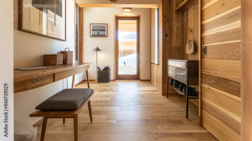 Wallpaper Mural Cozy modern wooden interior hallway with natural light, a bench, desk area, and decorative items leading to a door with outdoor view. Torontodigital.ca