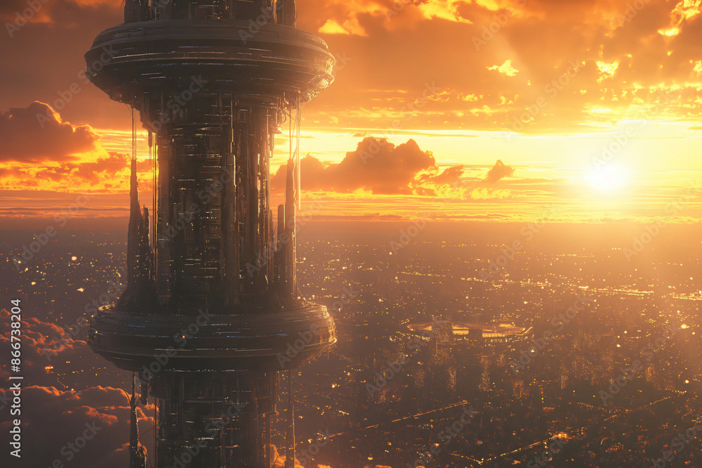 Obraz premium Futuristic space elevator transporting people and cargo into space above a bustling city at sunset