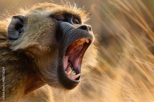 Chacma baboon monkey yawning and exposing fangs in Botswana's Chobe National Park.
