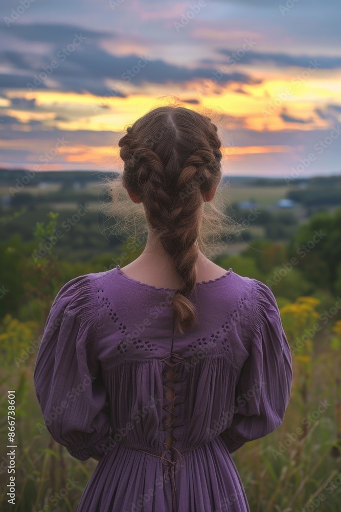 A woman wearing a purple dress stands in a green field, looking around A woman wearing a purple dress stands in a green field, looking around