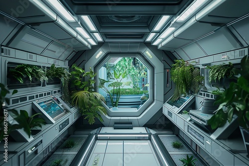 Fototapeta Naklejka Na Ścianę i Meble -  Futuristic space station interior showing a hydroponic plantation with lush green plants