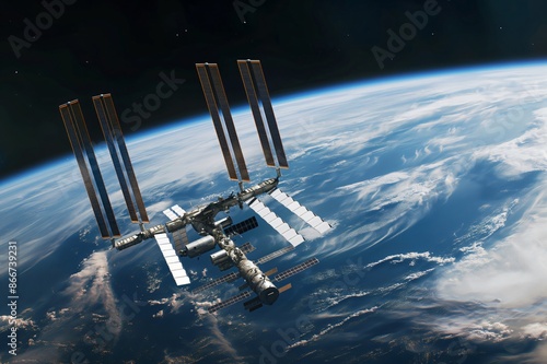 Fototapeta Naklejka Na Ścianę i Meble -  The international space station is orbiting earth with its solar panels deployed, showcasing the advancements in space exploration