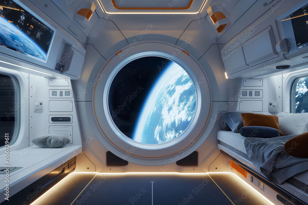 Modern spaceship bedroom compartment featuring a large porthole showcasing the beauty of our blue planet against the backdrop of the cosmos Modern spaceship bedroom compartment featuring a large porthole showcasing the beauty of our blue planet against the backdrop of the cosmos