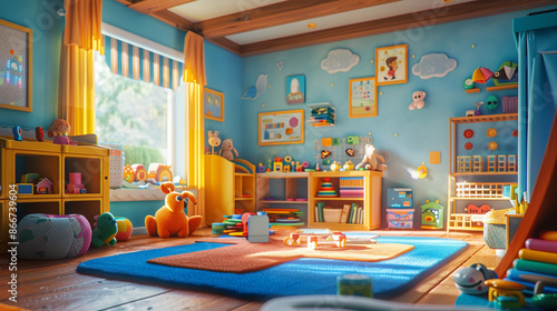 A playroom filled with baby-friendly digital video toys.