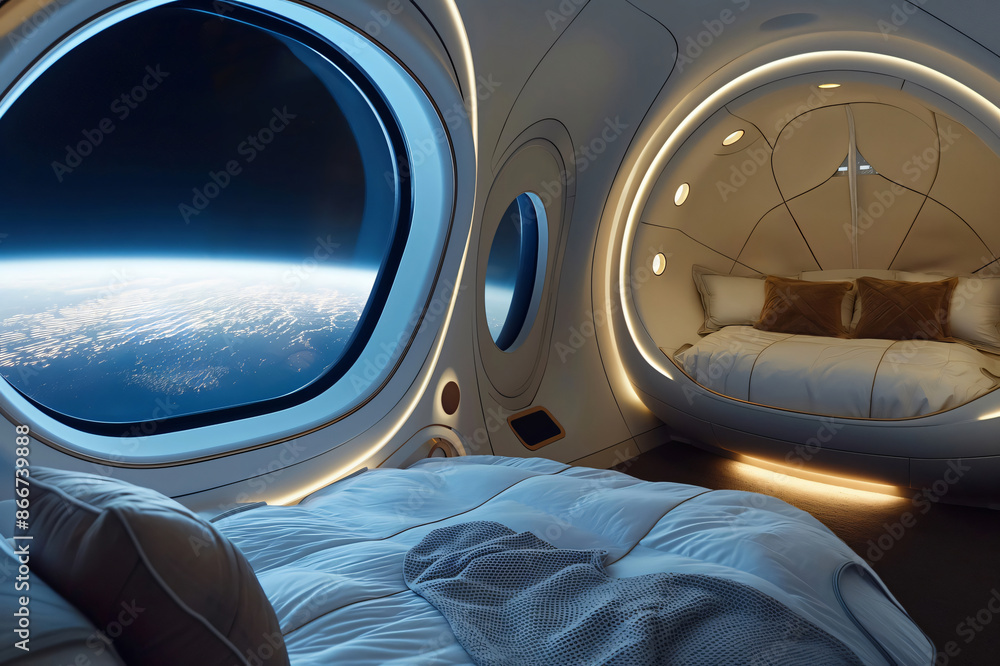Futuristic spaceship interior featuring a comfortable bedroom with a large window offering a stunning view of earth Futuristic spaceship interior featuring a comfortable bedroom with a large window offering a stunning view of earth