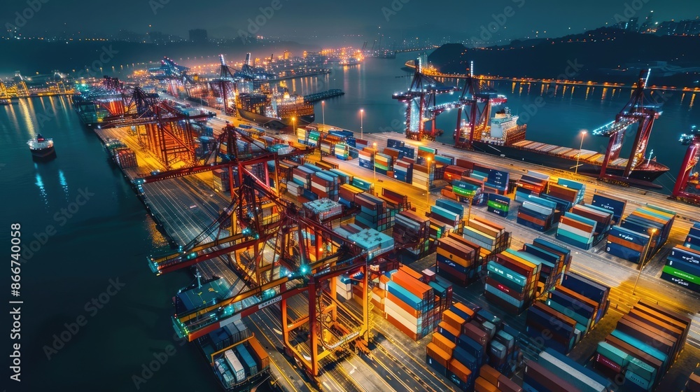 Obraz premium Drone night shot of shipping containers and cranes at a port, nighttime logistics