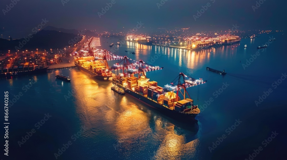 Nighttime aerial shot of container ships at a port, illuminated maritime trade Nighttime aerial shot of container ships at a port, illuminated maritime trade