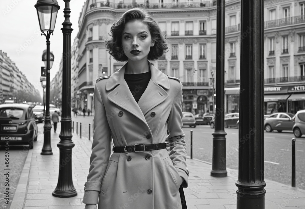 Elegant young woman with a serious attitude strolling through 1950s Paris in stylish fashion
