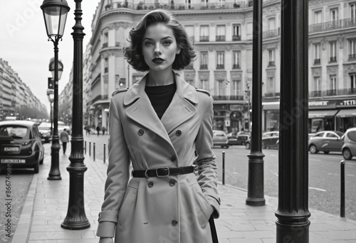 Obraz na płótnie Elegant young woman with a serious attitude strolling through 1950s Paris in stylish fashion w salonie