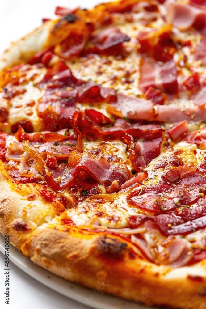 A close-up view of a delicious-looking pizza on a plate, ready for serving A close-up view of a delicious-looking pizza on a plate, ready for serving