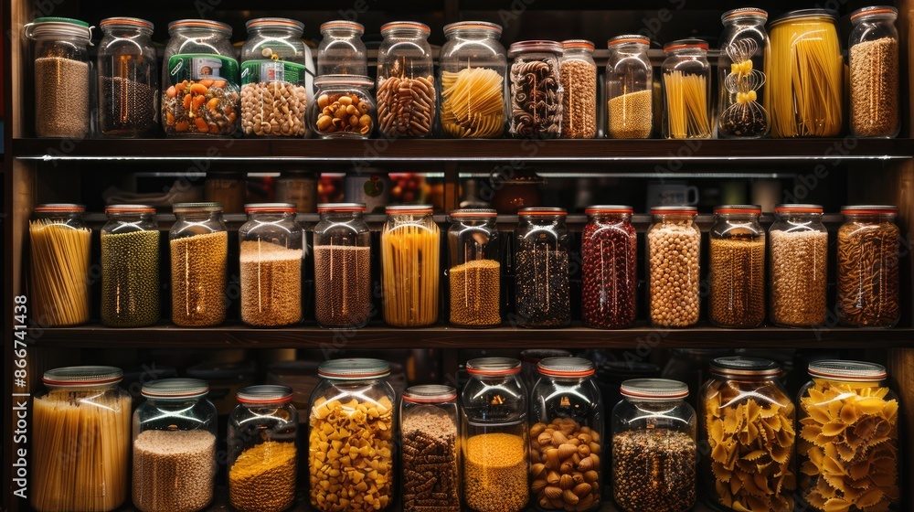 Kitchen storage: Glass jars of pasta, grains, and legumes perfectly arranged on pantry shelves, reflecting an organized and efficient space Kitchen storage: Glass jars of pasta, grains, and legumes perfectly arranged on pantry shelves, reflecting an organized and efficient space