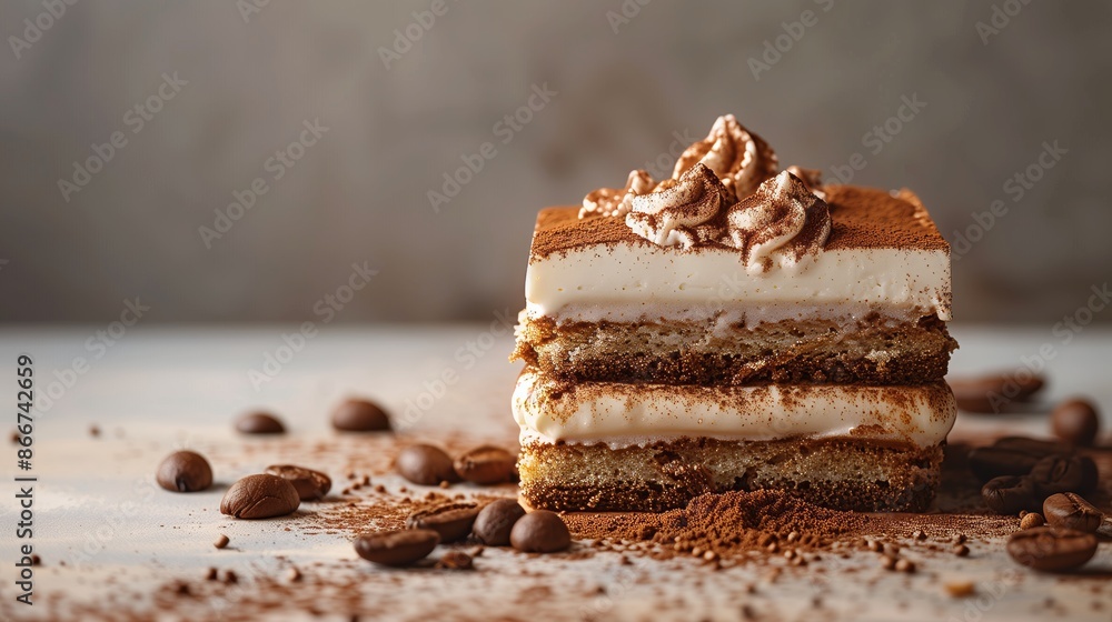 Close-Up of Beautifully Layered Tiramisu with Cocoa Dusting Close-Up of Beautifully Layered Tiramisu with Cocoa Dusting