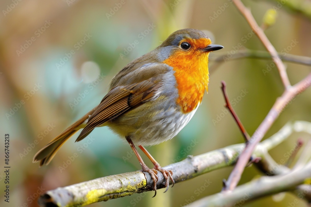 Obraz premium A small bird sitting on the branch of a tree, possibly singing or looking around