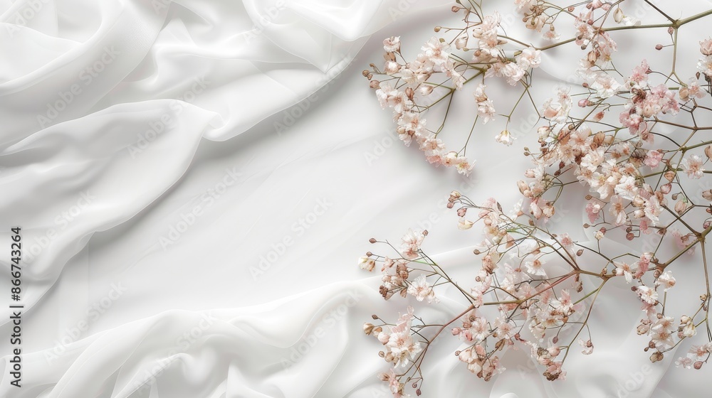 Minimal romance: White satin sheet adorned with soft pink flowers and a blank wedding invitation, showcasing a minimalist aesthetic Minimal romance: White satin sheet adorned with soft pink flowers and a blank wedding invitation, showcasing a minimalist aesthetic
