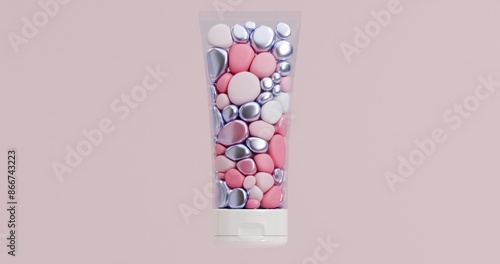 A 3D illustration of pink and lavender balls fills the space inside the tube with cream, wash gel and lotion. The concept  collagen synthesis, skin repair, increases its density and elasticity and hel photo