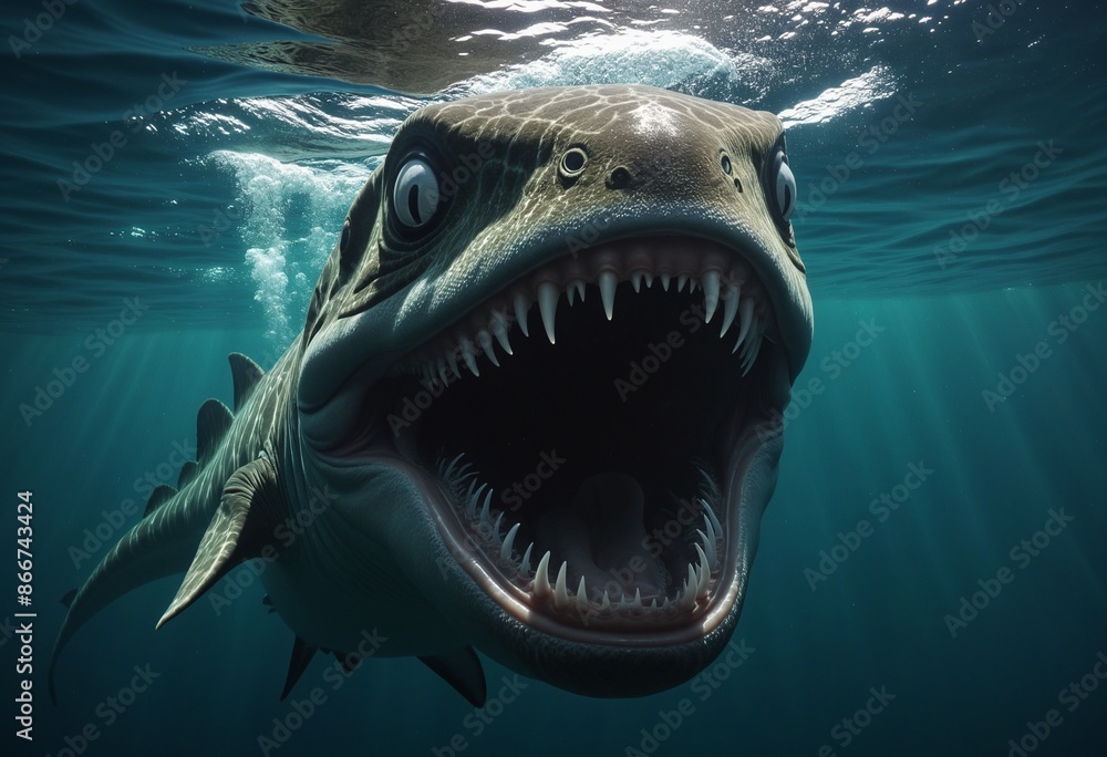 Obraz premium The Dark Depths of the Deep Blue Sea: A Haunting Mythical Creature with Sharp Fangs and Demonic Presence