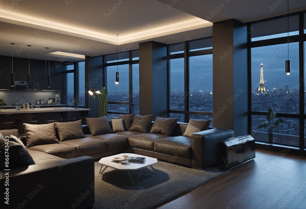 Stylish leather interior design of a modern city apartment with large windows and luxurious comfort Stylish leather interior design of a modern city apartment with large windows and luxurious comfort