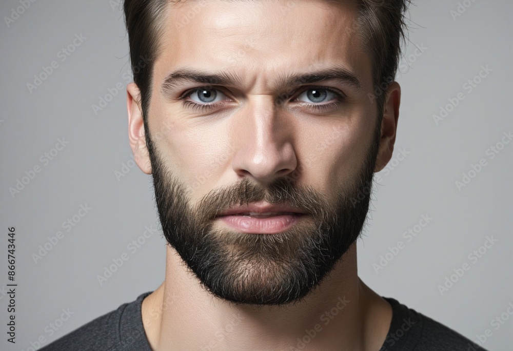Close-up Portrait of a Confident and Fashionable Young Man with a Masculine Beard, Sexy Eyes, and a Serious Expression on a Dark Background Close-up Portrait of a Confident and Fashionable Young Man with a Masculine Beard, Sexy Eyes, and a Serious Expression on a Dark Background