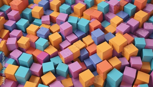 Isometric geometric composition of colorful cubes in orange, yellow, purple and blue on a white minimalist background