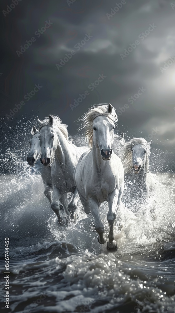 Four white horses running through ocean waves with a dramatic sky in the background. The powerful animals are illuminated by a ray of light Four white horses running through ocean waves with a dramatic sky in the background. The powerful animals are illuminated by a ray of light