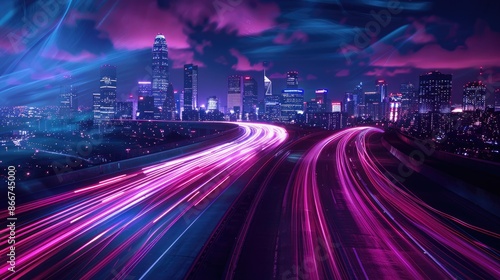 Neon journey: A city highway at night with glowing headlights and flowing light trails, directing towards an impressive, illuminated skyline