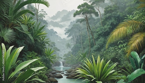 Lush tropical wildlife illustration in vintage watercolor style