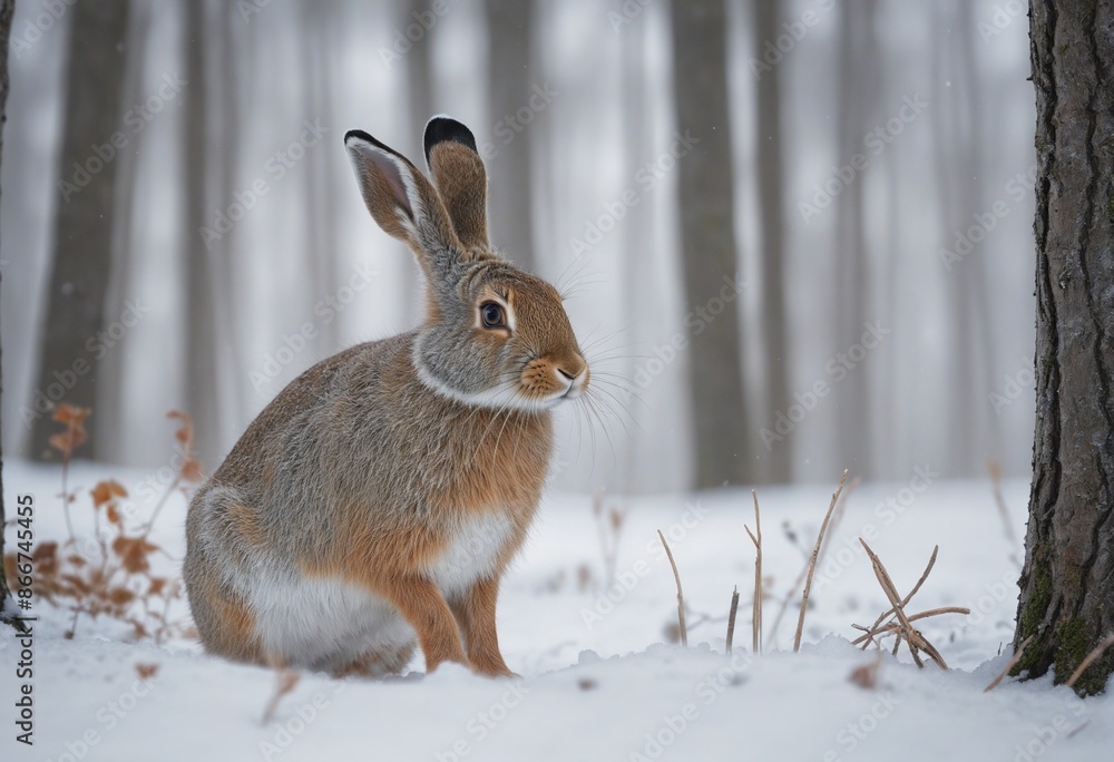 A defenseless rabbit in a serene snowy woodland setting A defenseless rabbit in a serene snowy woodland setting