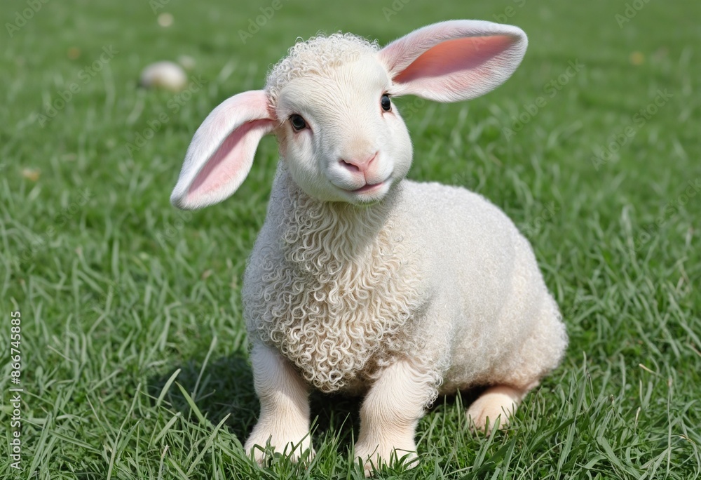 Newborn lamb with fluffy white wool enjoys a sunny day in the springtime field in this adorable portrait illustration Newborn lamb with fluffy white wool enjoys a sunny day in the springtime field in this adorable portrait illustration