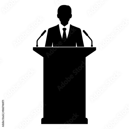 Silhouette of a speaker giving a conference speech at a podium. vector illustration