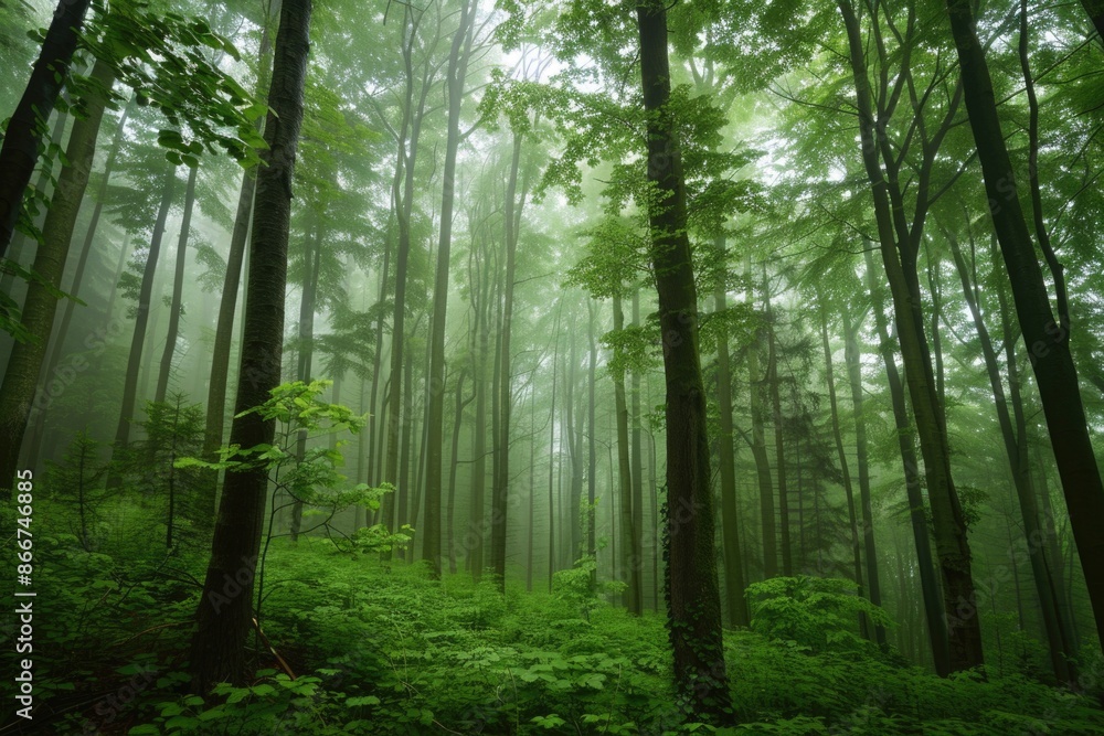 Fototapeta premium A dense forest filled with many tall trees, suitable for nature, outdoor, and environmental uses