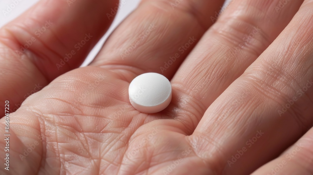Hand holding a white pill closeup, healthcare and medication concept Hand holding a white pill closeup, healthcare and medication concept