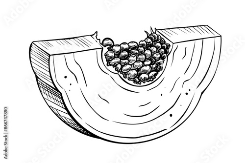 Vector illustration of Papaya Fruit on isolated background. Hand drawn linear etching of exotic tropical food for production label. Sliced juicy plant of pawpaw tree. Linear black Drawing.
